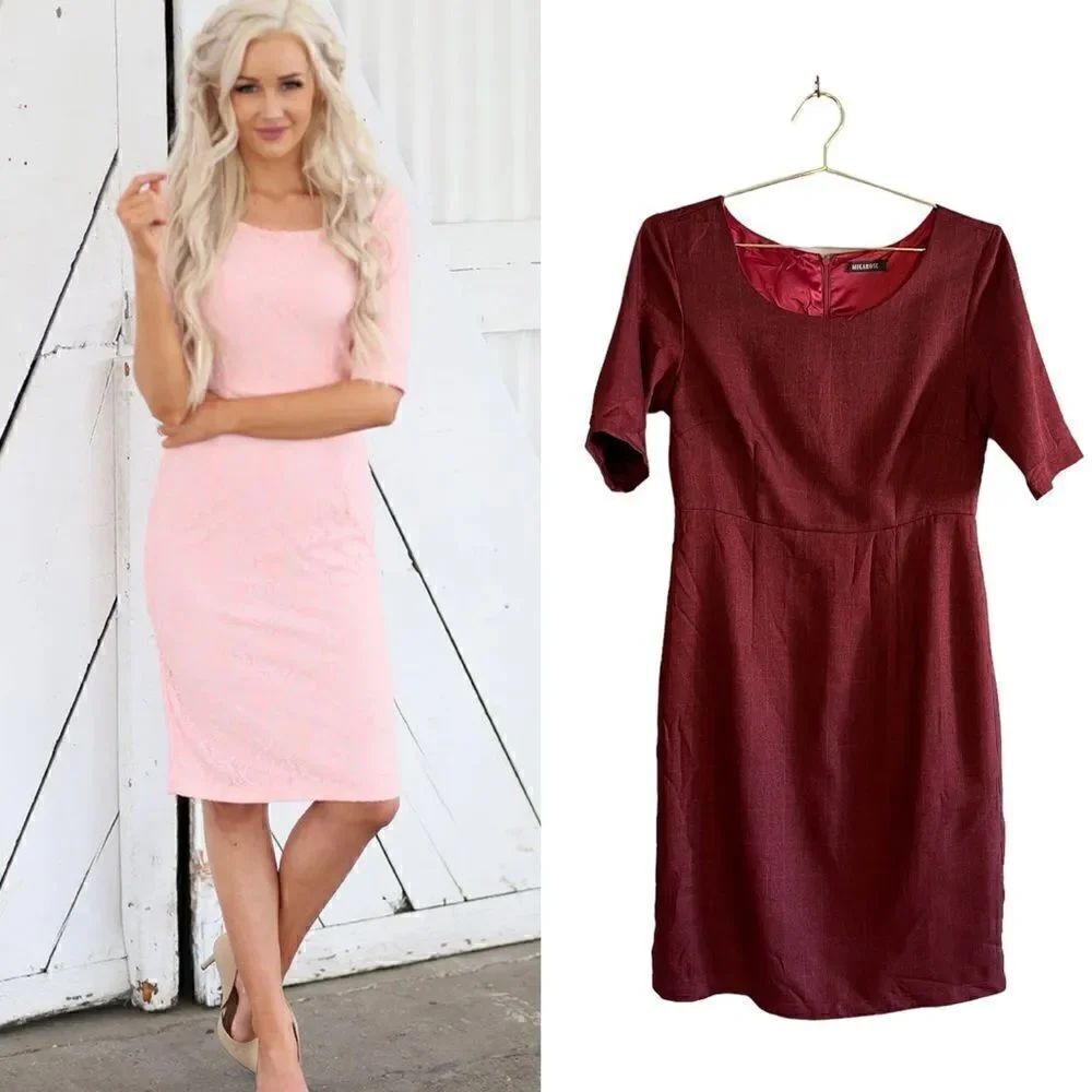 MIKAROSE Burgundy Red Plaid Print Short Sleeve Sheath Dress | SZ M
